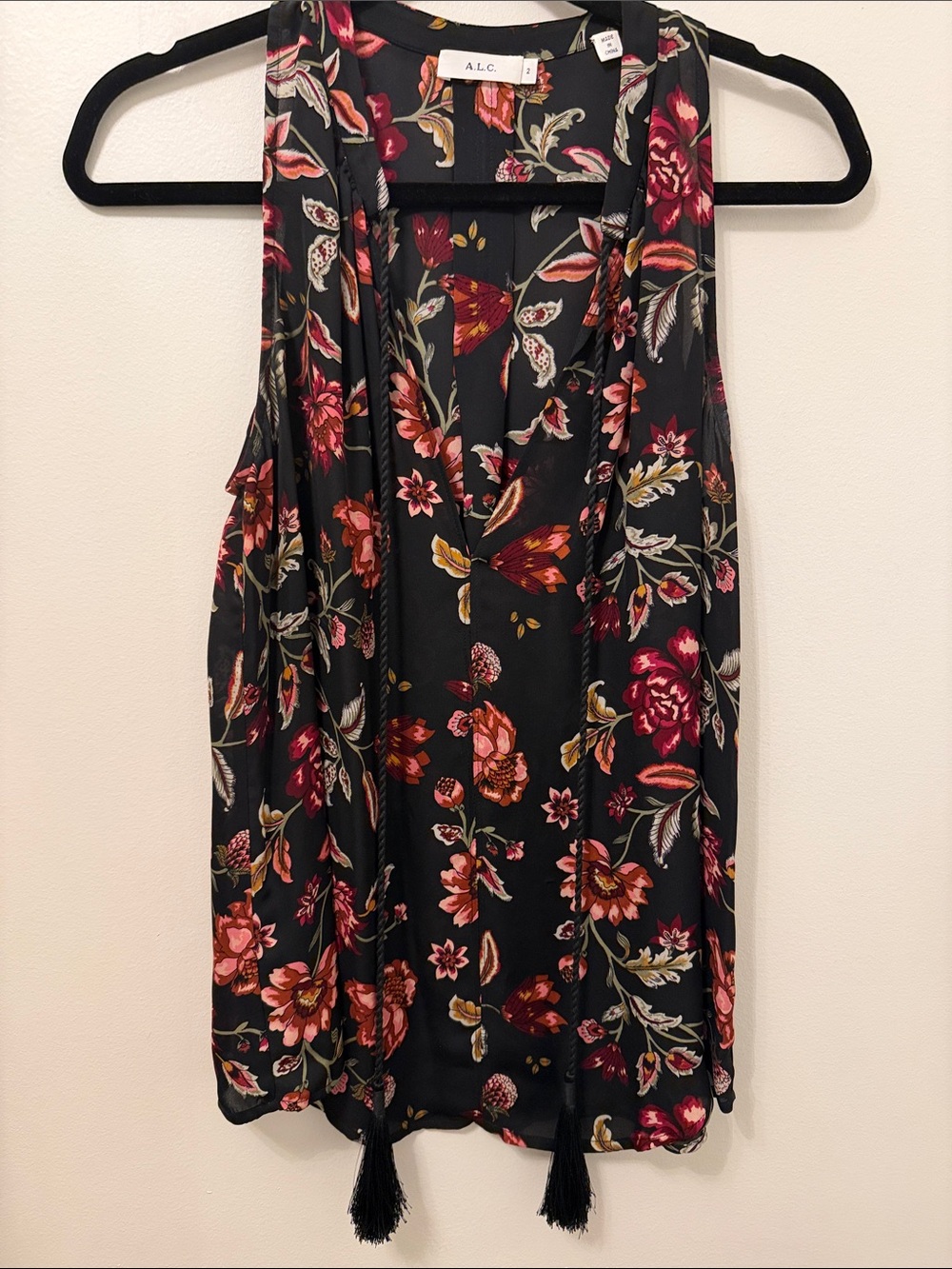 A.L.C. Black Floral Tie-Front Silk Top with Tassels